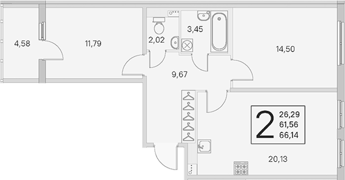 2-комнатная квартира 61.56 м², 2/4 эт., ЖК «Любоград в Стрельне»